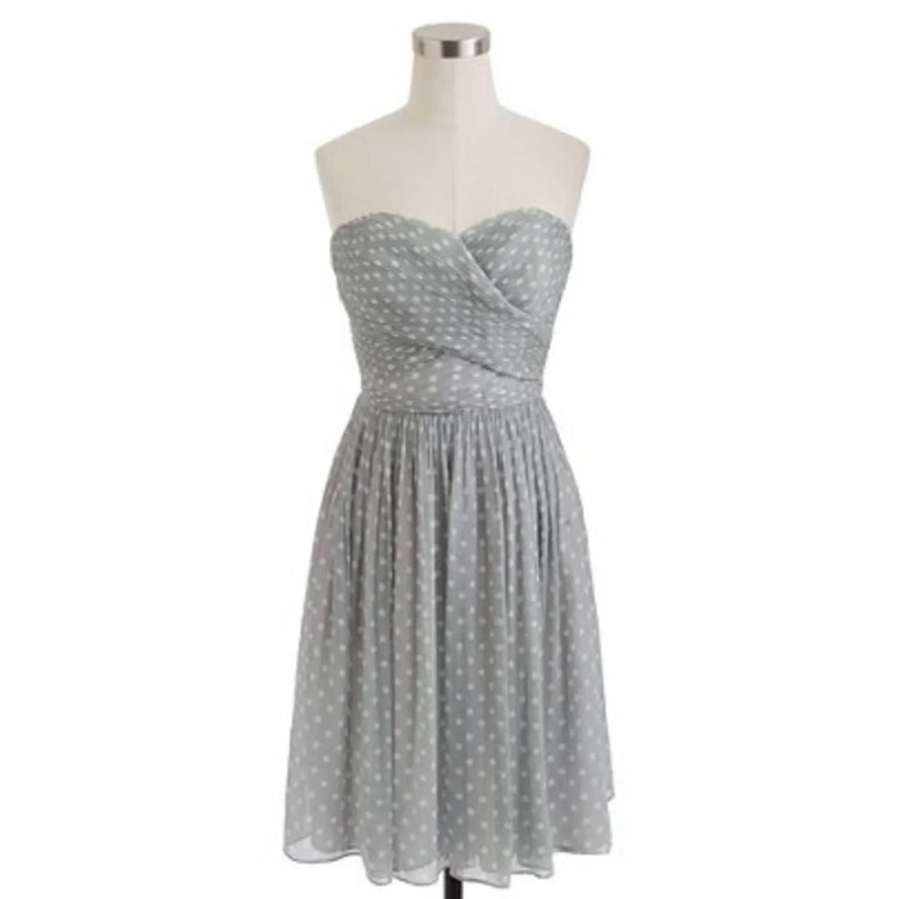 Elegant J. Crew Gray Polka Dot Strapless Dress in Silk Chiffon